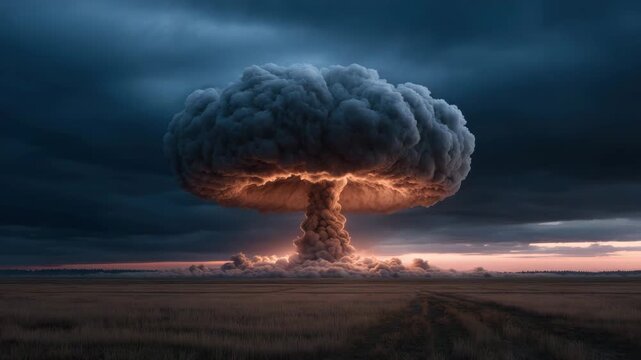 Nuclear explosion mushroom cloud over open field at dusk with dramatic sky, smoke and fire on horizon, blending sunset field clouds into towering nuclear mushroom cloud