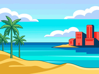 Obraz premium Tropical Coastal Beach Landscape with Palm Trees and Modern City Buildings Vector Illustration