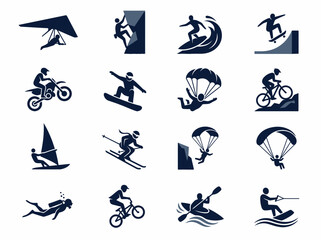 Fototapeta premium Extreme Sports and Outdoor Adventure Silhouette Icons Set including Surfing, Climbing, Skiing, and Mountain Biking
