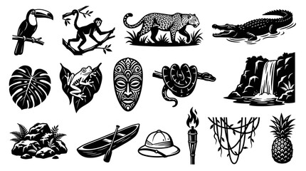 Fototapeta premium Monochrome Jungle and Safari Adventure Glyph Icons Set. Wildlife, Tropical Nature, and Tribal Elements Collection.