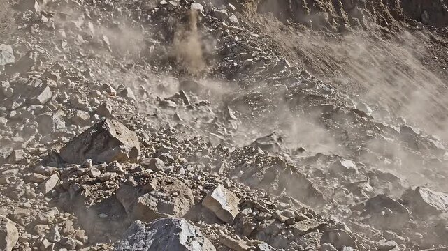 Close Up of a Dangerous Rockslide and Dust Down a Steep Mountain