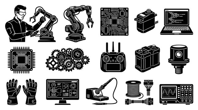 Black and White Glyph Icons of Robotics, Electronics, and Engineering Components  Tools