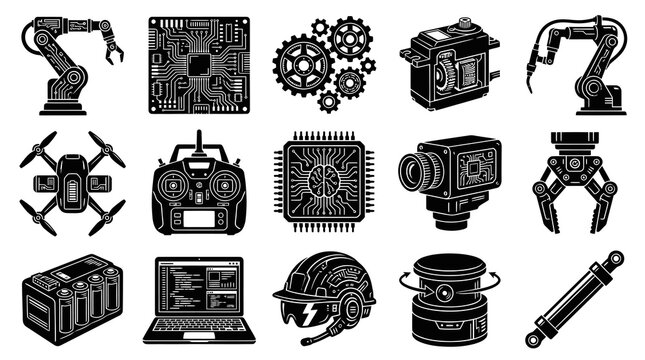 Technology Icons: Robot Arm, Drone, Computer, Gears, Circuit Board, Helmet, Camera, Gripper, Cylinder, Servo