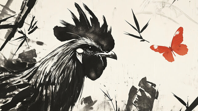 Chinese ink wash rooster head black white with scattered feathers background bamboo leaves rugged rocks red butterfly flying strong light dark contrast bold brushstrokes simple texture abstract art ha