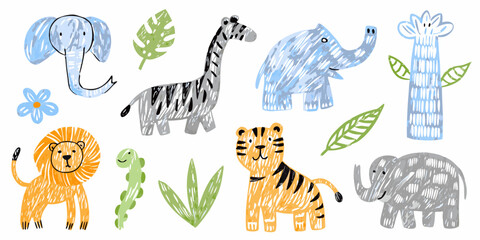 watercolor safari animals and tropical leaves illustration © Huraya