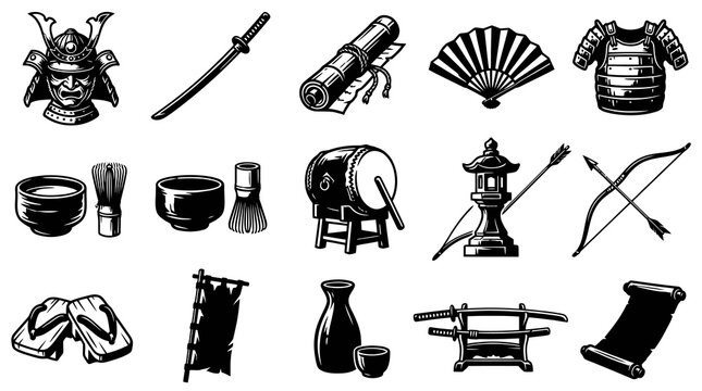 Traditional Japanese Culture, Samurai  Tea Ceremony Black and White Vector Icon Set