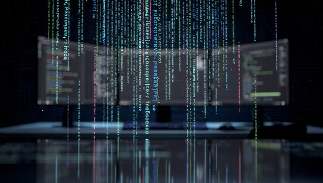 Programmer Workplace with Code on Computer Screens
