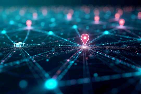 Glowing digital network map with location pins and flying drone, futuristic business logistics and global supply chain tracking concept
