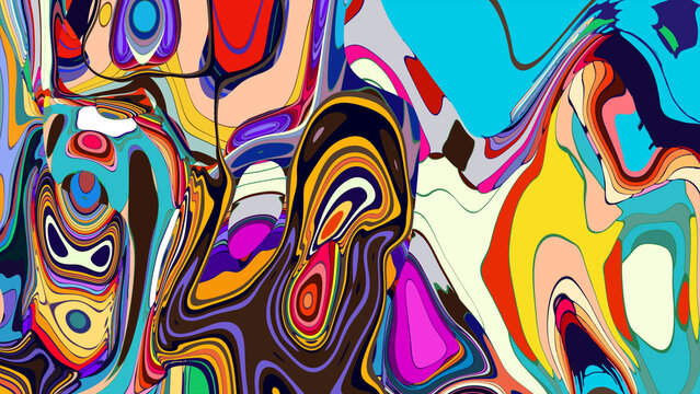 Vibrant abstract painting with swirling colorful patterns and shapes