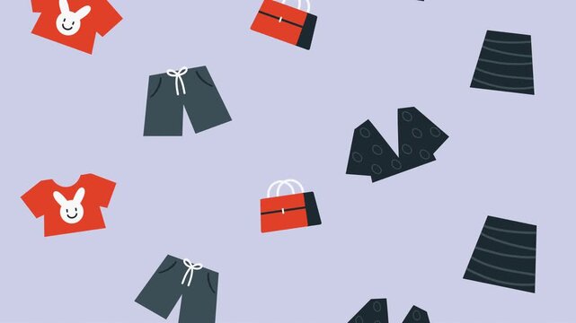 Animated pattern of falling summer clothes including t shirts shorts and handbags on purple background.