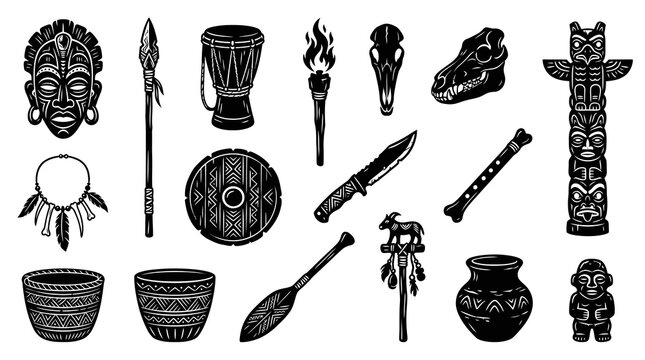 Tribal Symbols Vector: Mask, Drum, Totem, Knife, Skull, Spear, Pot