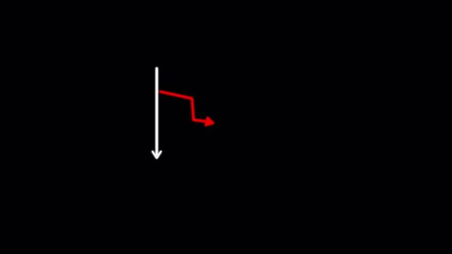 Animated declining financial chart with red downward arrow and falling market trend isolated on black background, 4k video