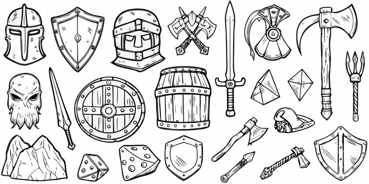 hand drawn medieval weapons and armor set black and white
