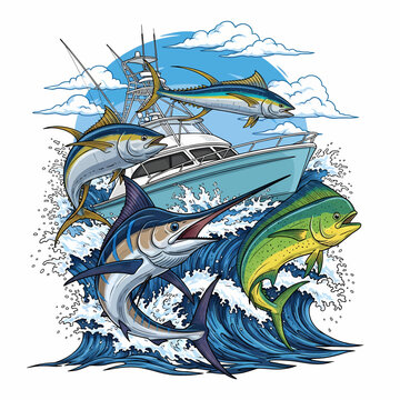 Deep sea fishing illustration with marlin tuna mahi mahi  wahoo and sport fishing boat in ocean waves
