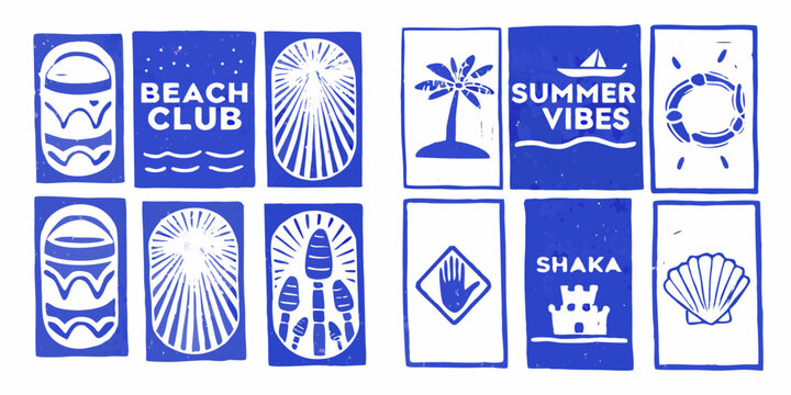 beach themed stamp collection lino cut style blue and white