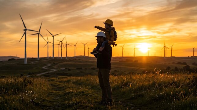 A father engineer wearing a hard hat carrying his young child on his shoulders while looking at a large wind farm power plant during a beautiful golden sunset in the countryside field