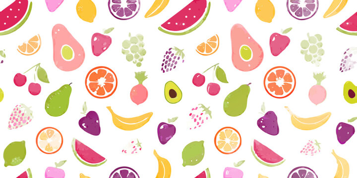 colorful fruit pattern illustration with various fruits on black background