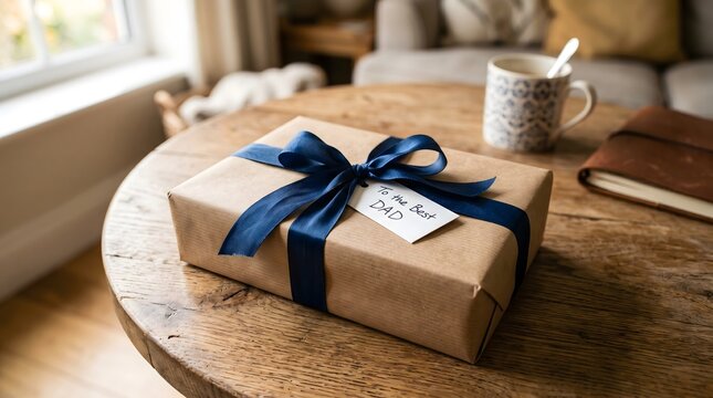 A wrapped brown gift box with a dark blue ribbon bow and a small white tag that says To The Best Dad sitting on a rustic wooden table inside a cozy home living room during the daytime