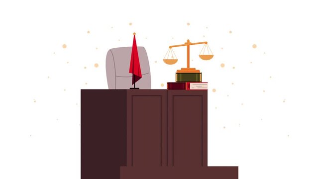 Justice in motion animation with scales of justice and law books on a judges desk, dynamic court proceedings.