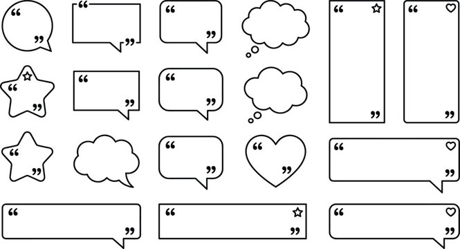 Quote Box and Speech Bubble Icon Set with Quotation Marks for Testimonials Reviews Comments Citations and Social Media Text Template Vectors