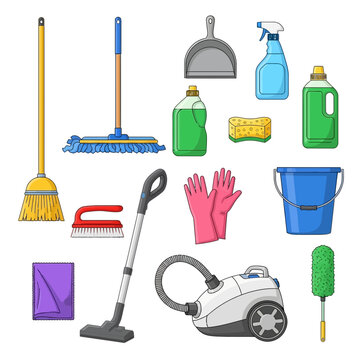 Comprehensive collection of household cleaning equipment and supplies illustration