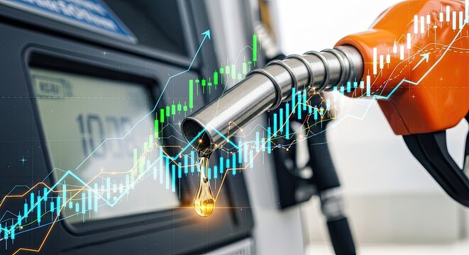 Gas pump nozzle dripping gasoline with stock market graph overlay symbolizing fuel price fluctuations and economic impact
