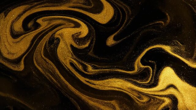 Liquid Data Marbling. Digital data. An abstract animation of a surface where luminous, viscous gold liquid data is slowly swirled and marbled with a deep, matte black texture.
