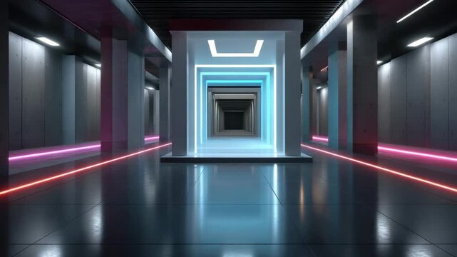 Futuristic corridor with neon light and reflective floor in empty tunnel interior, symmetrical perspective, glowing blue and pink light, modern geometric hallway with blue glow and pink line