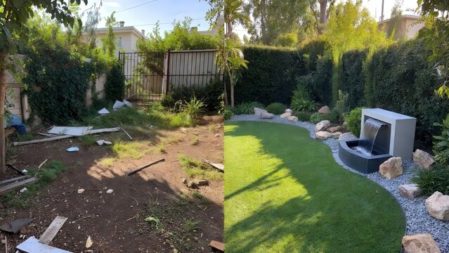 Before and after comparison of residential front yard landscaping transformation featuring dry patchy grass changed into a lush green lawn with decorative stone edging and vibrant garden plants 
