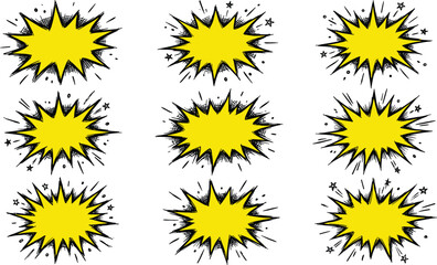 Fototapeta premium Yellow Pop Art Comic Starburst Speech Bubble Vector Set with Hand Drawn Sketch Explosion Frames and Stars for Retro Promo Text Layouts