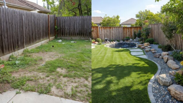 Before and after comparison of residential front yard landscaping transformation featuring dry patchy grass changed into a lush green lawn with decorative stone edging and vibrant garden plants 