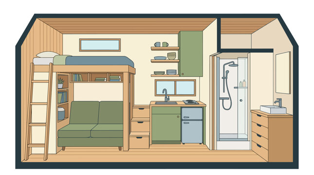 Tiny House Interior Design with Loft Bed, Sofa, Kitchenette and Shower