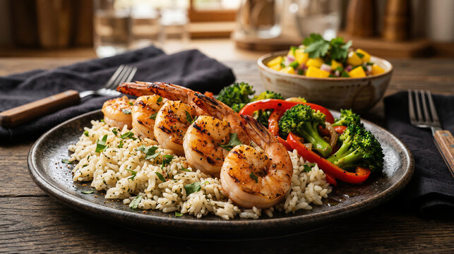 Grilled seasoned shrimp served over herbed rice with roasted broccoli red pepper and mango salsa on rustic plate healthy seafood dinner restaurant meal concept