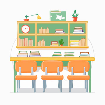 Classroom or Library Study Area with Bookshelves and Chairs