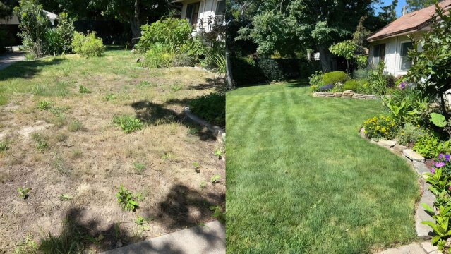 Before and after comparison of residential front yard landscaping transformation featuring dry patchy grass changed into a lush green lawn with decorative stone edging and vibrant garden plants 
