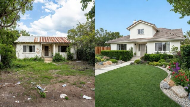 Before and after comparison of residential front yard landscaping transformation featuring dry patchy grass changed into a lush green lawn with decorative stone edging and vibrant garden plants 