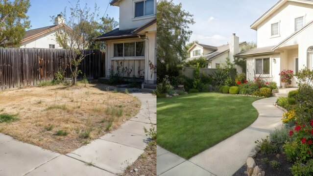 Before and after comparison of residential front yard landscaping transformation featuring dry patchy grass changed into a lush green lawn with decorative stone edging and vibrant garden plants 