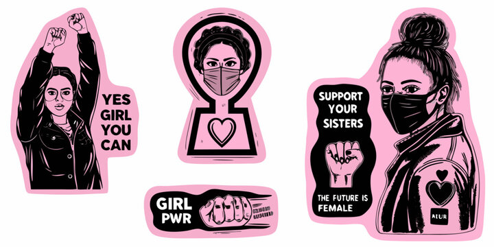 feminist sticker set with portraits and empowering slogans pink and black