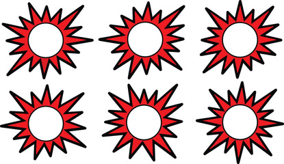 Pop Art Comic Starburst Sticker Set with Red Exploding Splat Frames and Blank Circular Price Tag Labels for Action Oriented Promo Designs © REYAD