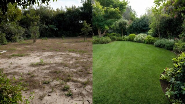 Before and after comparison of residential front yard landscaping transformation featuring dry patchy grass changed into a lush green lawn with decorative stone edging and vibrant garden plants 