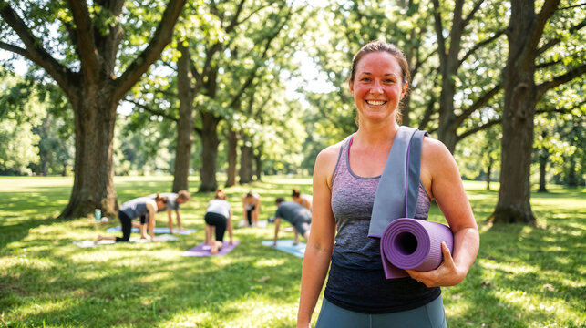 Smiling woman with sunburn holding purple yoga mat standing outdoors in park during group yoga class among trees summer fitness wellness active lifestyle concept