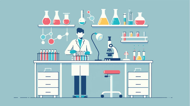 Male Scientist Working at Laboratory Bench with Microscope Flask Test Tube and Molecule Colorful Flat Design Illustration