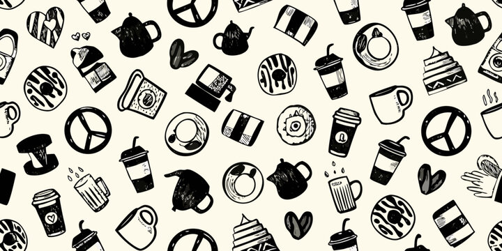 coffee and pastry doodle pattern on a cream background