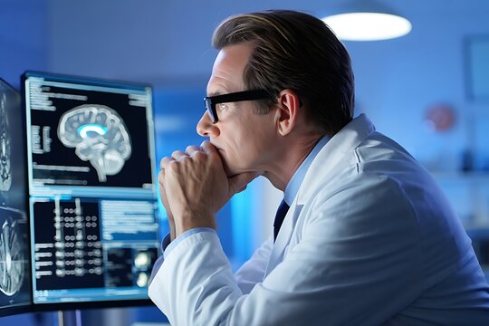 Doctor in lab coat looking at brain scan on computer screen scientist medical