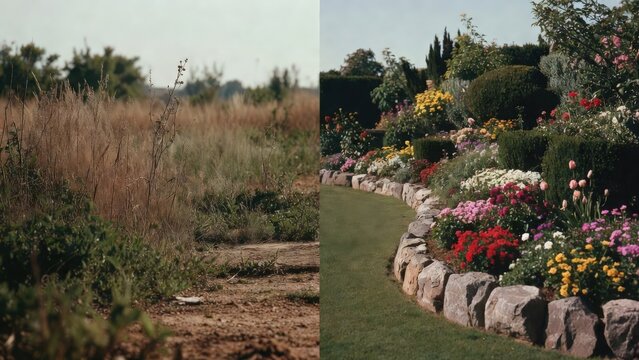 Before and after comparison of residential front yard landscaping transformation featuring dry patchy grass changed into a lush green lawn with decorative stone edging and vibrant garden plants 
