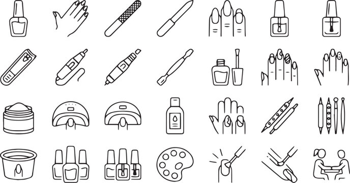 Manicure Salon Care and Nail Cosmetics Line Icon Set
