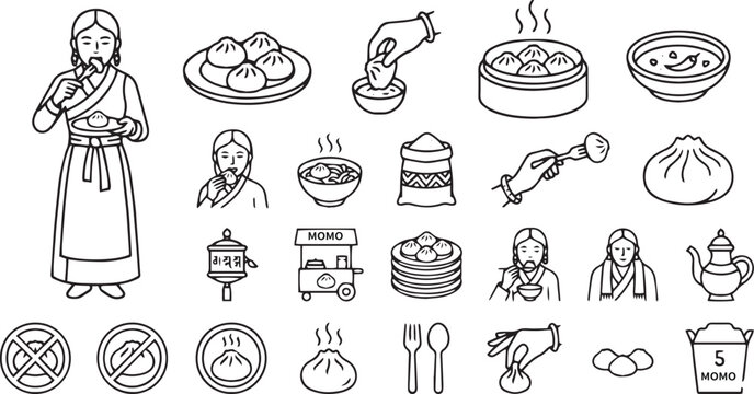 Tibetan Momo Dumplings and Himalayan Traditional Cuisine Line Icon Set