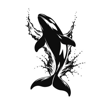 Black orca whale vector, jumping killer whale illustration, ocean mammal graphic, aquatic animal silhouette
