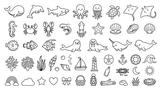 Black outline sea animal icon set with whale dolphin shark octopus jellyfish shells starfish boats clouds and nautical doodles on white background