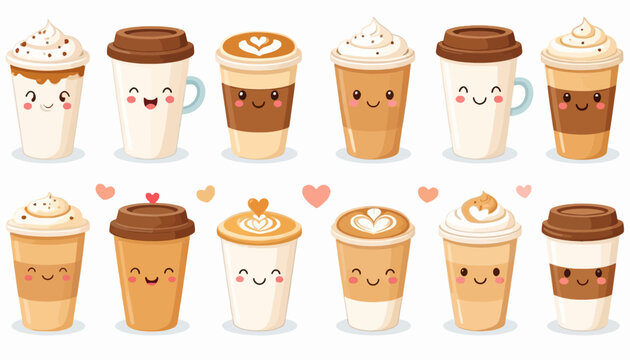 Collection of kawaii coffee cups with cute faces and hearts